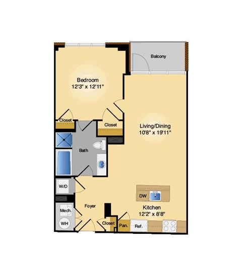 Floor plan for 1 bed, 1 bath, 734 sqft